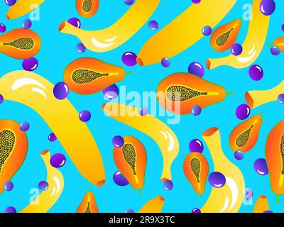 Seamless pattern with bananas, papaya and blueberries. Summer exotic fruit and berry mix of papaya, bananas and blueberries. Design for banners, poste Stock Vector
