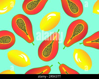 Lemon and papaya seamless pattern. Summer exotic fruit mix of papaya and lemon. Papaya with seeds. Design for banners, posters and promotional items. Stock Vector