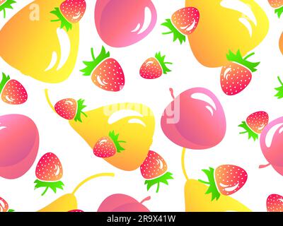 Seamless pattern with peaches, pears and strawberries on a white background. Summer fruit mix with pears, strawberries and peaches. Design for banners Stock Vector