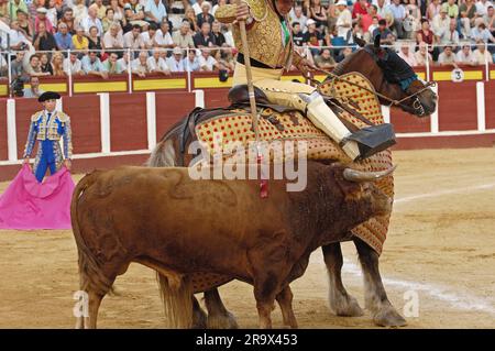 Bullfight, Fuengirola, Malaga Province, Andalucia, Spain, Picador, Spanish bullfighter, fighting bull Stock Photo