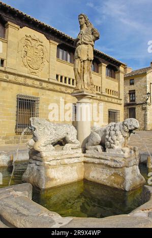 In front of old butcher's shop 'Antigua Carniceria', Plaza del Populo, Baeza, Jaen, Andalusia, Spain, Lion Fountain Stock Photo