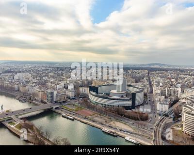 Aerial drone view of the Radio France headquarters and Maison de la Radio building, Paris, France Stock Photo