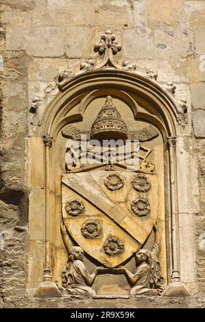 Relief on facade, Palace of the Popes, Avignon, Vaucluse, Provence-Alpes-Cote d'Azur, South of France, Rhone Valley, Palais des Papes, Coat of arms Stock Photo