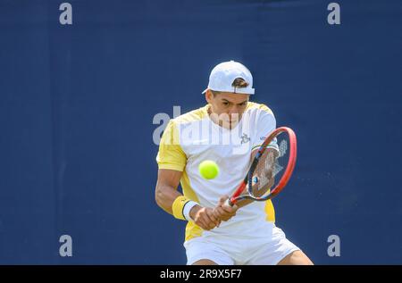 Sebastian Baez (ARG) playing in the first round on the first full day of the Rothesay International tennis at Devonshire Park, Eastbourne, UK. 26th Ju Stock Photo