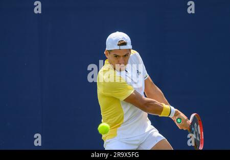 Sebastian Baez (ARG) playing in the first round on the first full day of the Rothesay International tennis at Devonshire Park, Eastbourne, UK. 26th Ju Stock Photo