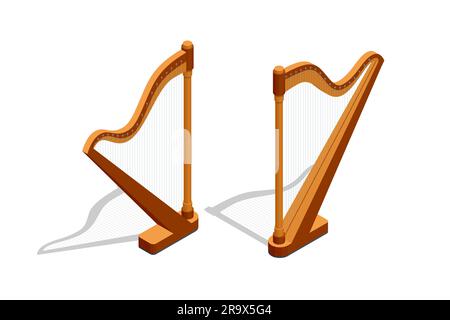 Isometric harp, a stringed musical instrument for festive, concert, and festival performances. Stock Vector