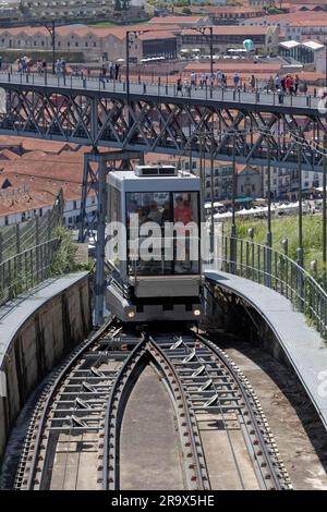 Funicular dos Guindais, vehicle in front of the switch, view of bridge D. Luis I, Ribeira, Porto, Portugal Stock Photo