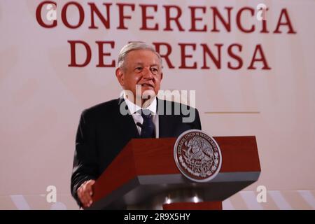 Mexico City, Mexico. 28th June, 2023. June 28, 2023 in Mexico City, Mexico: President of Mexico, Andres Manuel Lopez Obrador, speaks during the daily morning briefing conference in front of reporters at the national palace, on June 28, 2023 in Mexico City, Mexico. (Photo by Carlos Santiago/ Eyepix Group/Sipa USA) Credit: Sipa USA/Alamy Live News Stock Photo