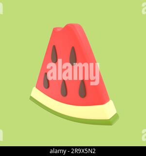 A cut triangular red watermelon slice with dark seeds on a green background halfway through. With a bite out of the slice. 3D rendering Stock Photo