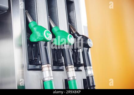 Fuel pump with gasoline and diesel with green and black handles Stock Photo