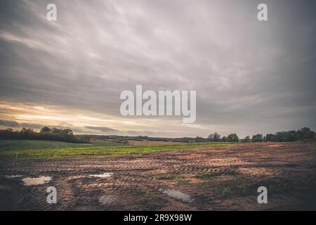 Landscape with wheel tracks on a muddy field in autumn in cloudy weather in off-road terrain Stock Photo
