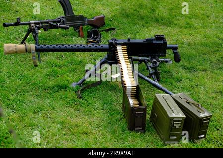 The M1919 Browning is a .30 caliber medium machine gun that was widely used during the 20th century. Stock Photo