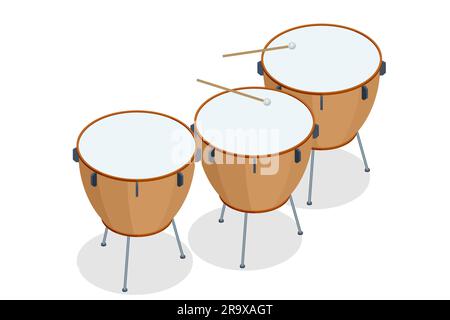Isometric brown timpani isolated on white background. Timpani percussion musical instrument Stock Vector