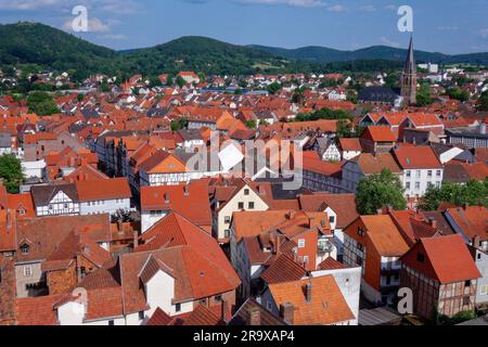 View from the Altan, arcade of the Nikolaiturm, also called Clausturm, built 1445, height 47, 6 metres, historical landmark of the town, panoramic Stock Photo