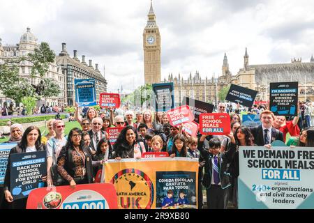 London, UK. 29th June, 2023. Activists, organisations including 'School 21' and children march in the Free School Meals campaign protest along Whitehall past Downing Street and to Parliament Square in central London today Credit: Imageplotter/Alamy Live News Stock Photo