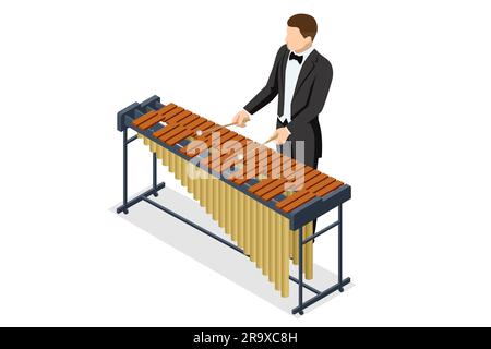 Isometric Xylophone. Musician playing on xylophone. The xylophone is a musical instrument in the percussion family that consists of wooden bars struck Stock Vector