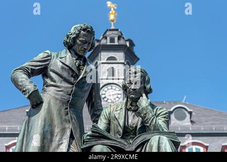 Monument to the Brothers Jakob and Wilhelm Grimm, Brothers Grimm Monument, German Studies, Fairy Tales, double statue made of bronze by Syrius Stock Photo