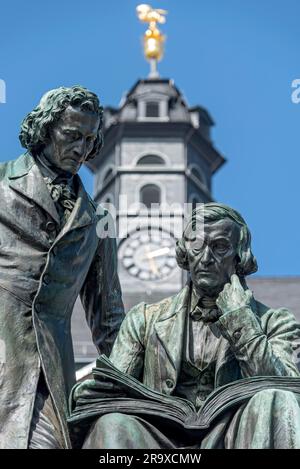 Monument to the Brothers Jakob and Wilhelm Grimm, Brothers Grimm Monument, German Studies, Fairy Tales, double statue made of bronze by Syrius Stock Photo