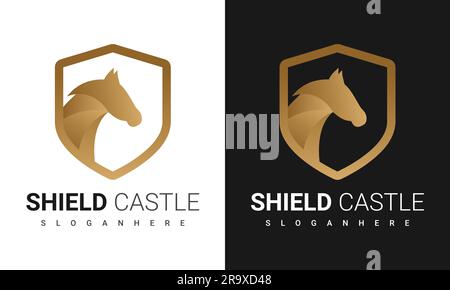 Golden Castle knight Horse with shield logo design Castle Knight Logotype Warrior Icon Stock Vector
