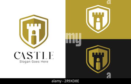 Golden Castle knight with shield logo design Castle Knight Logotype Warrior Icon Stock Vector