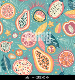 Summer Pattern with Exotic Fruits and Tropical Leaves Stock Vector