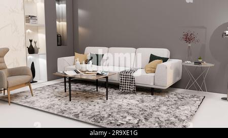 3D render of a contemporary living room with white sofa, center coffee table and decorative vases for a cozy and inviting atmosphere Stock Photo