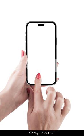 Female Hand holding smart phone Mockup and screen Transparent and Clipping Path isolated for Infographic Business web site design app Stock Photo