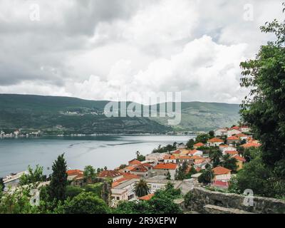 beautiful panoramic view from a high point to old town area of Herceg Novi, Montenegro Stock Photo