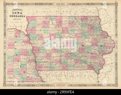 Johnson's Iowa & Nebraska. US state map showing counties 1866 old antique Stock Photo