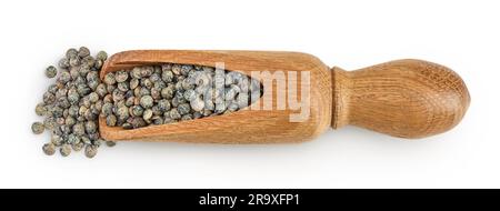 raw french green lentils in wooden scoop isolated on white background. Top view. Flat lay. Stock Photo