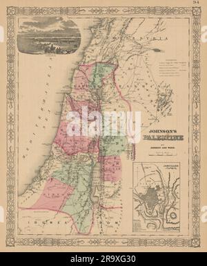 Johnson's Palestine. Jerusalem Damascus. 12 tribes of Israel. Holy Land 1866 map Stock Photo