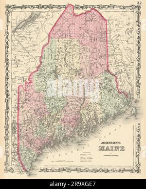 Johnson's Maine. US State map showing counties. New England 1861 old Stock Photo