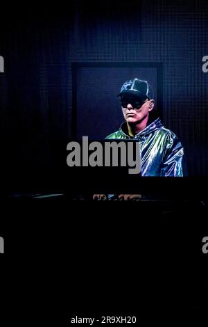 Chris Lowe of the hugely popular Pet Shop Boys performing at Eden Sessions in Cornwall. Stock Photo