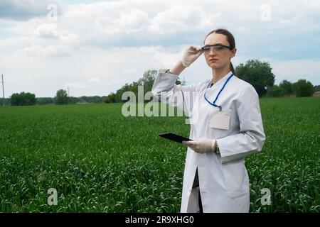 Agronomist using tablet and technology in agricultural corn field. The farmer walks through the field with a tablet. Biologist woman with laptop Stock Photo
