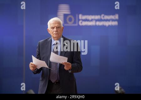 Brussels, Belgium. 29th June, 2023. EU High Representative of the Union for Foreign Affairs and Security Policy Josep Borrell Fontelles arrives for a meeting of the European council, at the European Union headquarters in Brussels, Thursday 29 June 2023. BELGA PHOTO NICOLAS MAETERLINCK Credit: Belga News Agency/Alamy Live News Stock Photo