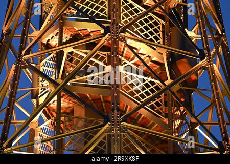 Prague, Czech Republic. 28th June, 2023. Petrin lookout tower illuminated on occasion celebration of the 300th anniversary of permanent public lighting in Prague, Czech Republic, June 28, 2023. Credit: Michal Kamaryt/CTK Photo/Alamy Live News Stock Photo