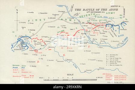 The Battle of the Aisne 14th September 1914. First World War. 1933 old map Stock Photo