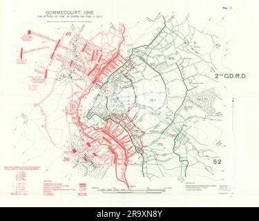Gommecourt, 1916. VII Corps attack, 1st July. First World War. Trenches 1932 map Stock Photo