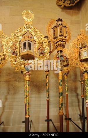 Exhibition and exhibits of the historic guild lanterns on the history of the city in the Heilig Kreuz Münster in Rottweil, Neckar Valley, Baden-Württe Stock Photo