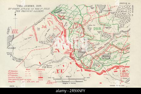 Somme, 1916. XV Corps attack, 1st July. Fricourt Salient. WW1. Trenches 1932 map Stock Photo