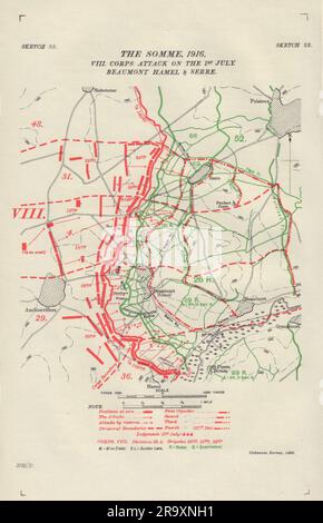 Somme. VIII Corps attack 1st July 1916. Beaumont Hamel Serre. Trenches 1932 map Stock Photo