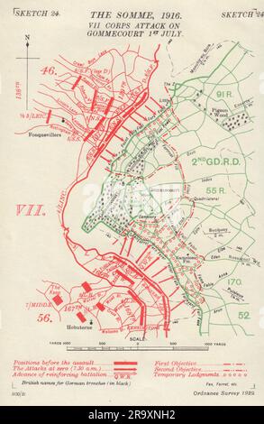 Somme, 1916. VII Corps attack on Gommecourt 1st July. WW1. Trenches 1932 map Stock Photo