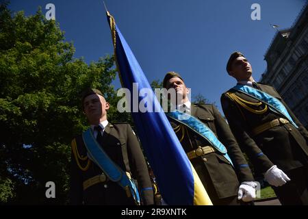 Lviv, Ukraine. 28th June, 2023. Cadets from the honor guard during the celebration of the Constitution Day of Ukraine. Ukraine celebrated the 27th anniversary of the adoption of the country's basic law - the constitution. In the conditions of the Russian-Ukrainian war, official events were very short. In Lviv, the Ukrainian flag was raised, honor guard marched, and a military band performed. Credit: SOPA Images Limited/Alamy Live News Stock Photo