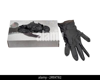 Disposable black gloves isolated on white background. Black gloves close-up. Stock Photo