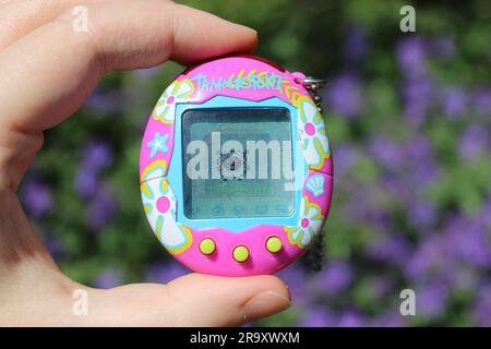 Photo depicting a tamagotchi device, pink with tropical flowers, held in someone's hand. Stock Photo