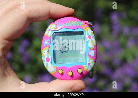 Photo depicting a tamagotchi device, pink with tropical flowers, held in someone's hand. Stock Photo
