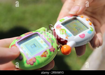 Two young people connect tamagotchis on a sunny day in a garden. Stock Photo