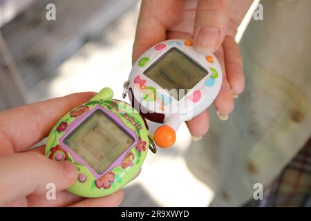 Two young people connect tamagotchis on a sunny day in a garden. Stock Photo