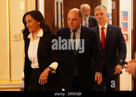 The Minister of National Defence of Canada, Anita Anand, the Defence Secretary, Ben Wallace (centre), and the Ukrainian Ambassador to the UK, Vadym Prystaiko, arrives for a press conference at Canada House, London. Picture date: Thursday June 29, 2023. Stock Photo