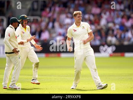Australia's Cameron Green (right) celebrates the wicket of England's Joe Root, but is ruled no-ball during day two of the second Ashes test match at Lord's, London. Picture date: Thursday June 29, 2023. Stock Photo